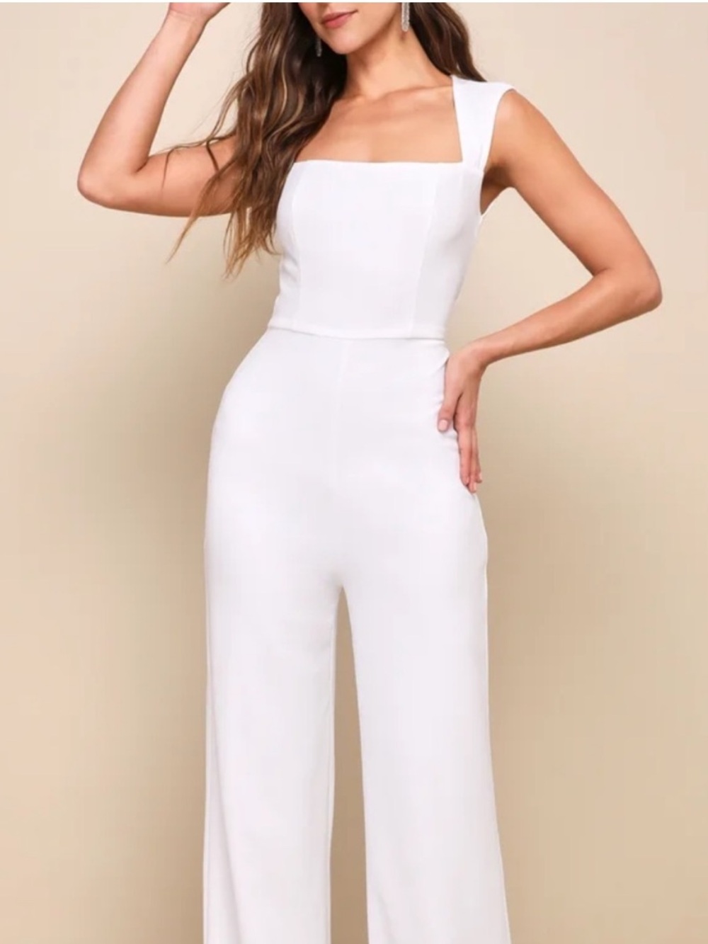 Lulu's White Queen Anne Square-Neck Wide-Leg Jumpsuit Size L Bridal Engagement
